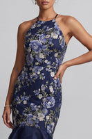 Load image into Gallery viewer, Mermaid Navy Halter Floral Long Mother of the Bride Dress with Ruffles