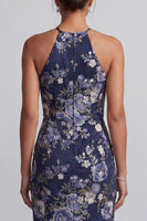 Load image into Gallery viewer, Mermaid Navy Halter Floral Long Mother of the Bride Dress with Ruffles