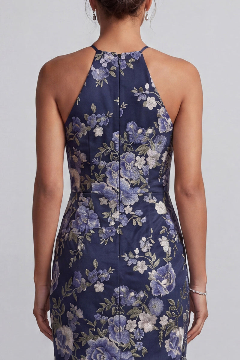 Load image into Gallery viewer, Mermaid Navy Halter Floral Long Mother of the Bride Dress with Ruffles
