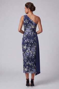 One Shoulder Navy Sheath Floral Long Mother of the Bride Dress with Sash