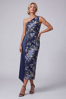 Load image into Gallery viewer, One Shoulder Navy Sheath Floral Long Mother of the Bride Dress with Sash