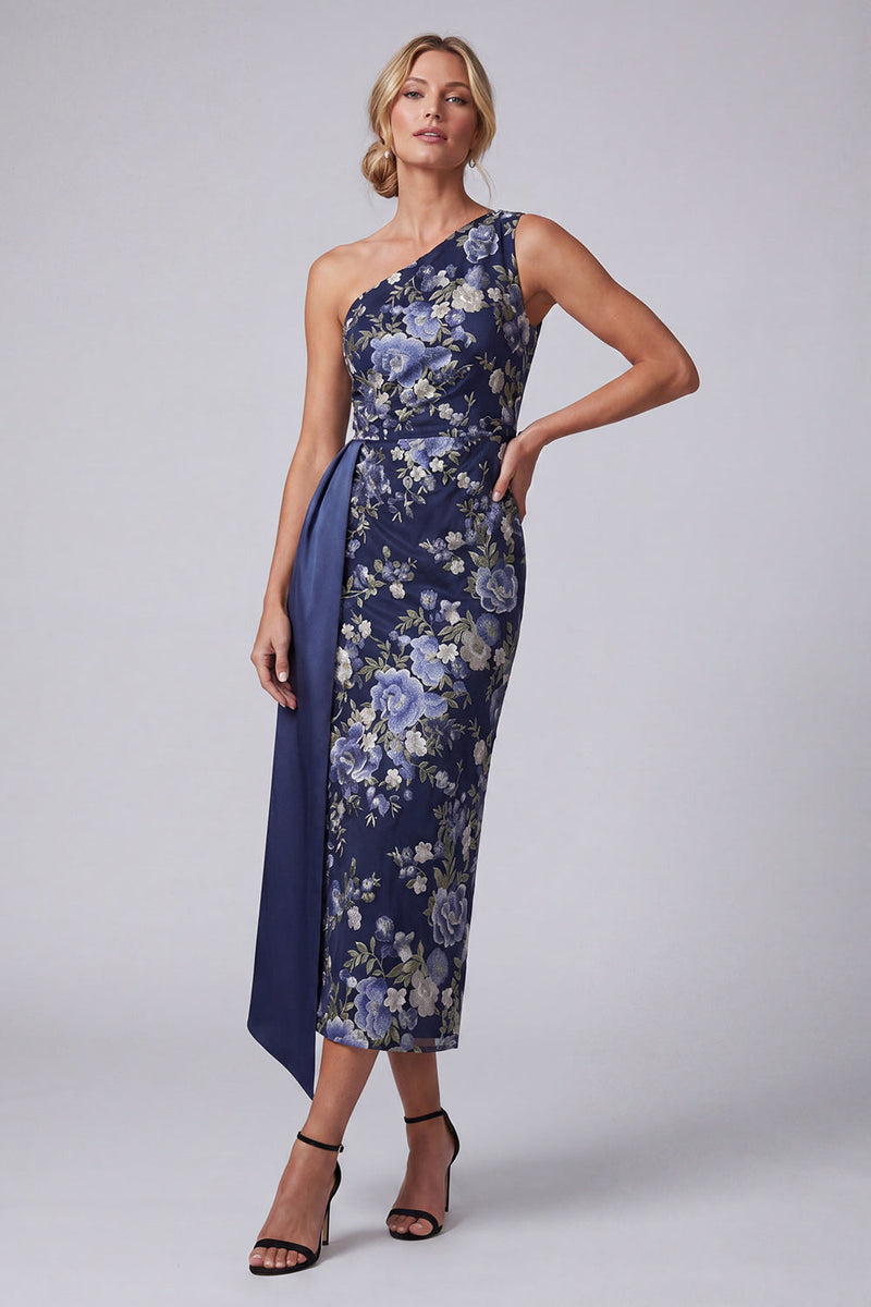 Load image into Gallery viewer, One Shoulder Navy Sheath Floral Long Mother of the Bride Dress with Sash