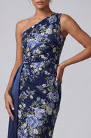 Load image into Gallery viewer, One Shoulder Navy Sheath Floral Long Mother of the Bride Dress with Sash