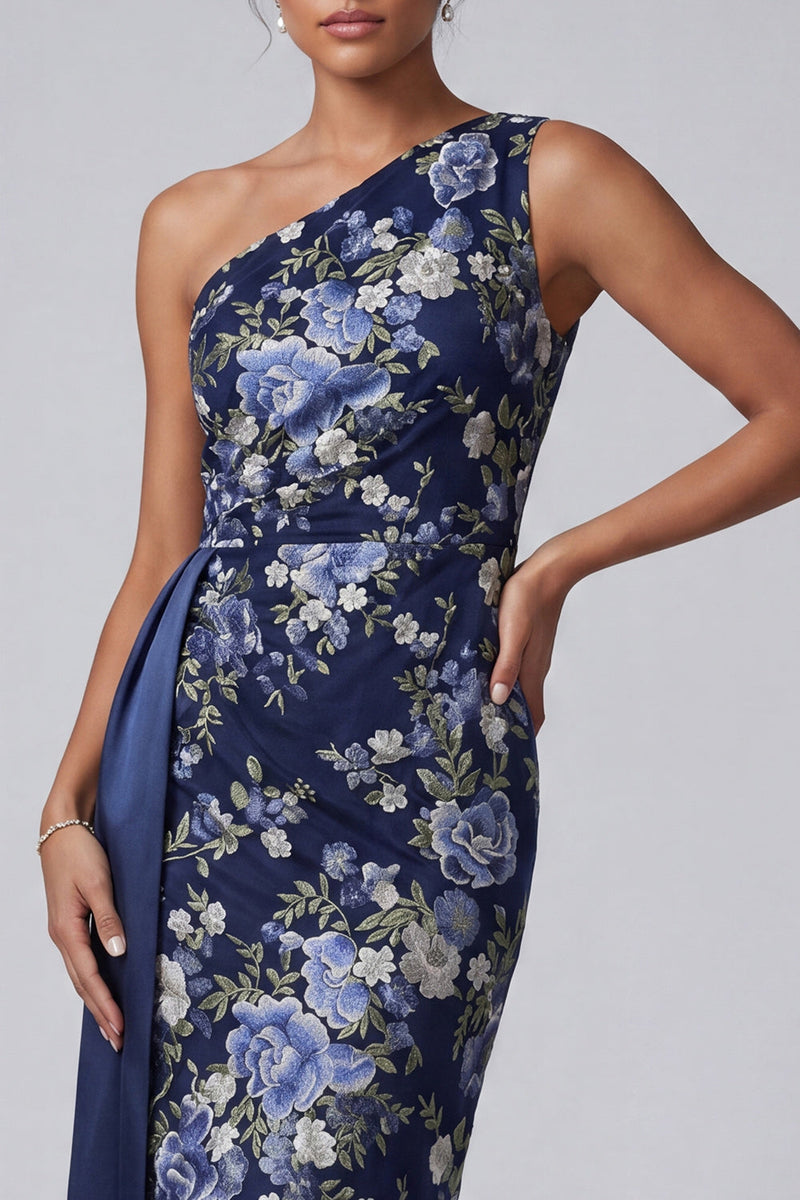 Load image into Gallery viewer, One Shoulder Navy Sheath Floral Long Mother of the Bride Dress with Sash
