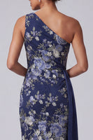 Load image into Gallery viewer, One Shoulder Navy Sheath Floral Long Mother of the Bride Dress with Sash