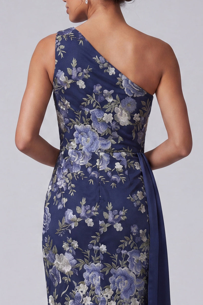 Load image into Gallery viewer, One Shoulder Navy Sheath Floral Long Mother of the Bride Dress with Sash