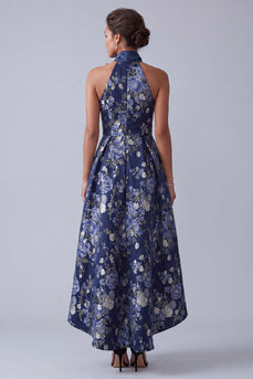 High Neck A Line Navy High Low Floral Mother of the Bride Dress