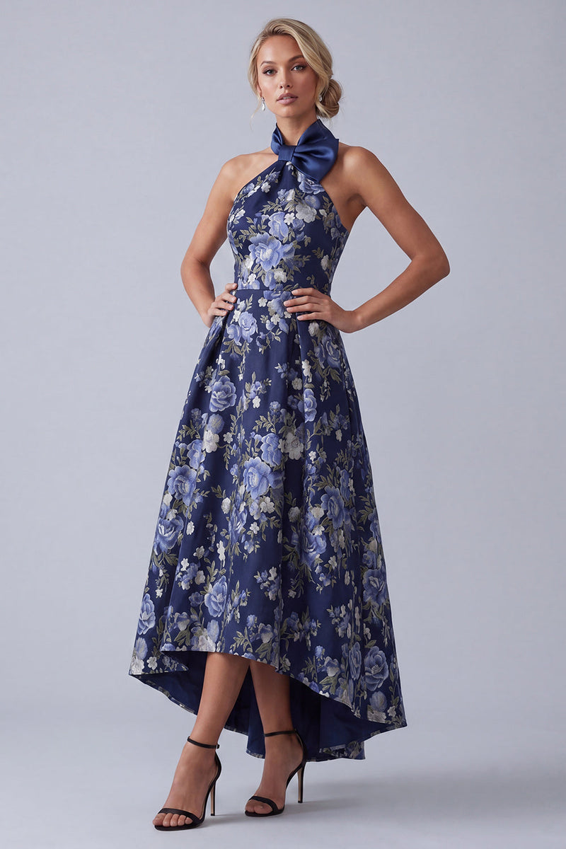 Load image into Gallery viewer, High Neck A Line Navy High Low Floral Mother of the Bride Dress