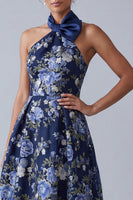 Load image into Gallery viewer, High Neck A Line Navy High Low Floral Mother of the Bride Dress
