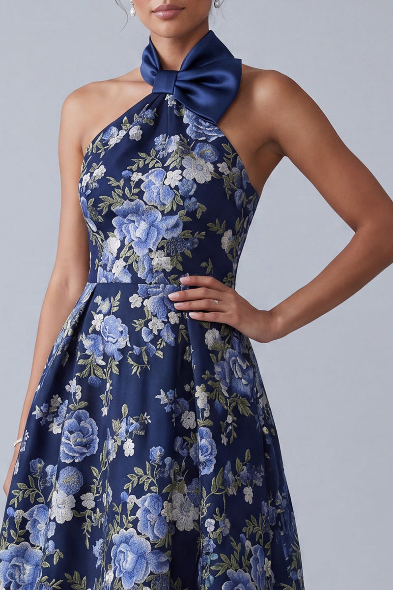 Load image into Gallery viewer, High Neck A Line Navy High Low Floral Mother of the Bride Dress