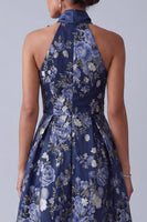 Load image into Gallery viewer, High Neck A Line Navy High Low Floral Mother of the Bride Dress