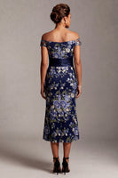 Load image into Gallery viewer, Floral Mermaid Off the Shoulder Navy Long Mother of the Bride Dress with Sash