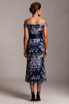 Floral Mermaid Off the Shoulder Navy Long Mother of the Bride Dress with Sash