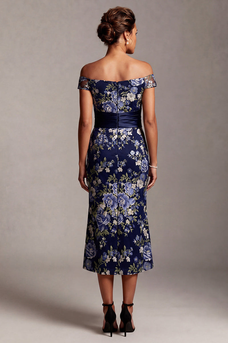 Load image into Gallery viewer, Floral Mermaid Off the Shoulder Navy Long Mother of the Bride Dress with Sash