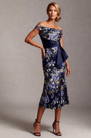 Load image into Gallery viewer, Floral Mermaid Off the Shoulder Navy Long Mother of the Bride Dress with Sash