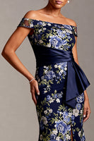 Load image into Gallery viewer, Floral Mermaid Off the Shoulder Navy Long Mother of the Bride Dress with Sash