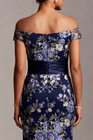 Load image into Gallery viewer, Floral Mermaid Off the Shoulder Navy Long Mother of the Bride Dress with Sash