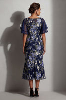 Load image into Gallery viewer, Boat Neck Mermaid Navy Floral Long Mother of the Bride Dress with Sleeves