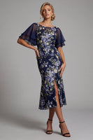 Load image into Gallery viewer, Boat Neck Mermaid Navy Floral Long Mother of the Bride Dress with Sleeves