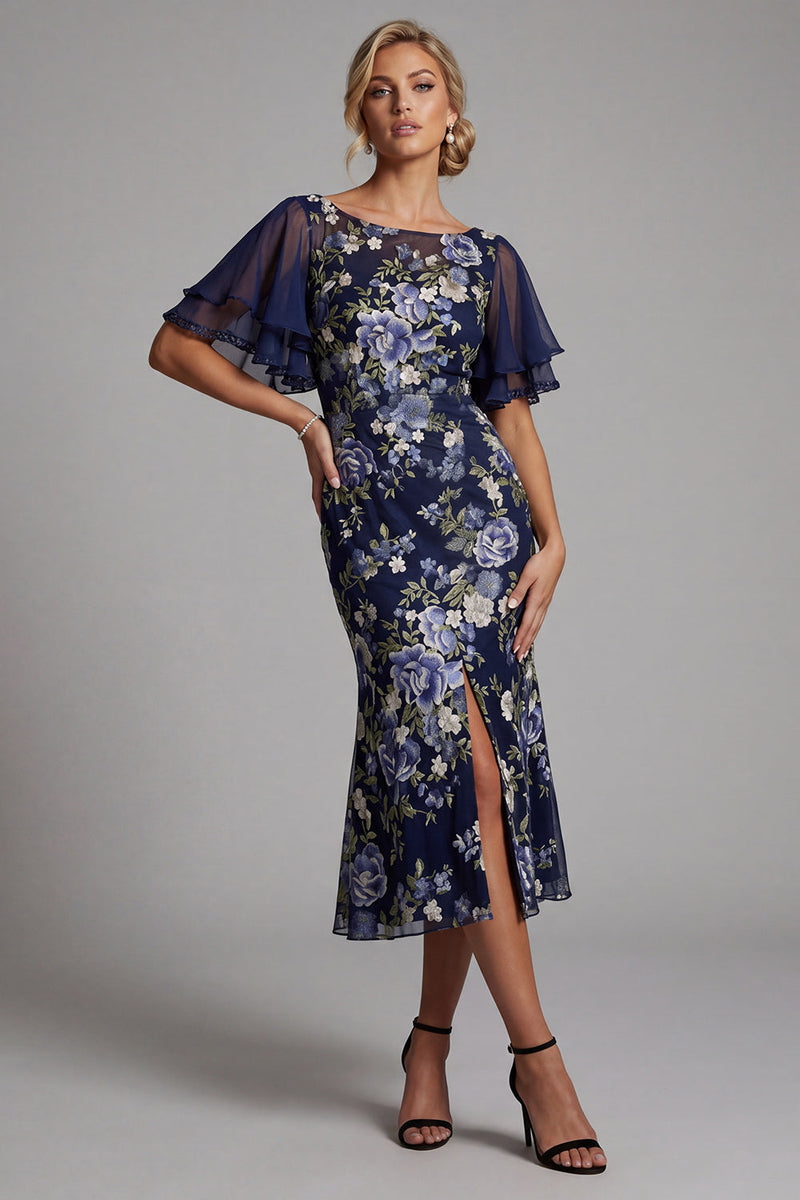 Load image into Gallery viewer, Boat Neck Mermaid Navy Floral Long Mother of the Bride Dress with Sleeves