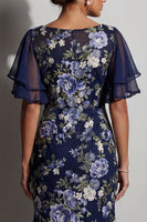 Load image into Gallery viewer, Boat Neck Mermaid Navy Floral Long Mother of the Bride Dress with Sleeves