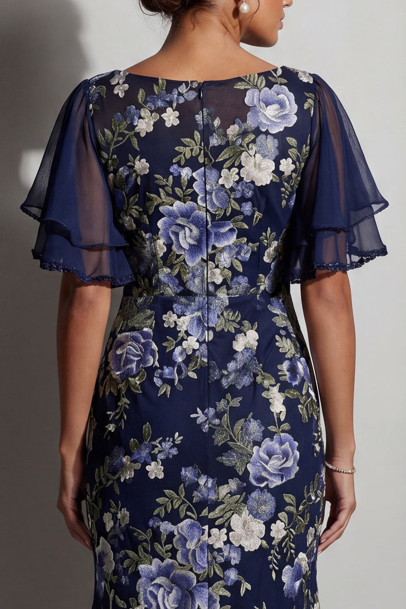 Load image into Gallery viewer, Boat Neck Mermaid Navy Floral Long Mother of the Bride Dress with Sleeves
