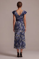Load image into Gallery viewer, Mermaid V-Neck Floral Ruffled Navy Long Mother of the Bride Dress with Sash