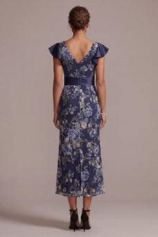 Mermaid V-Neck Floral Ruffled Navy Long Mother of the Bride Dress with Sash