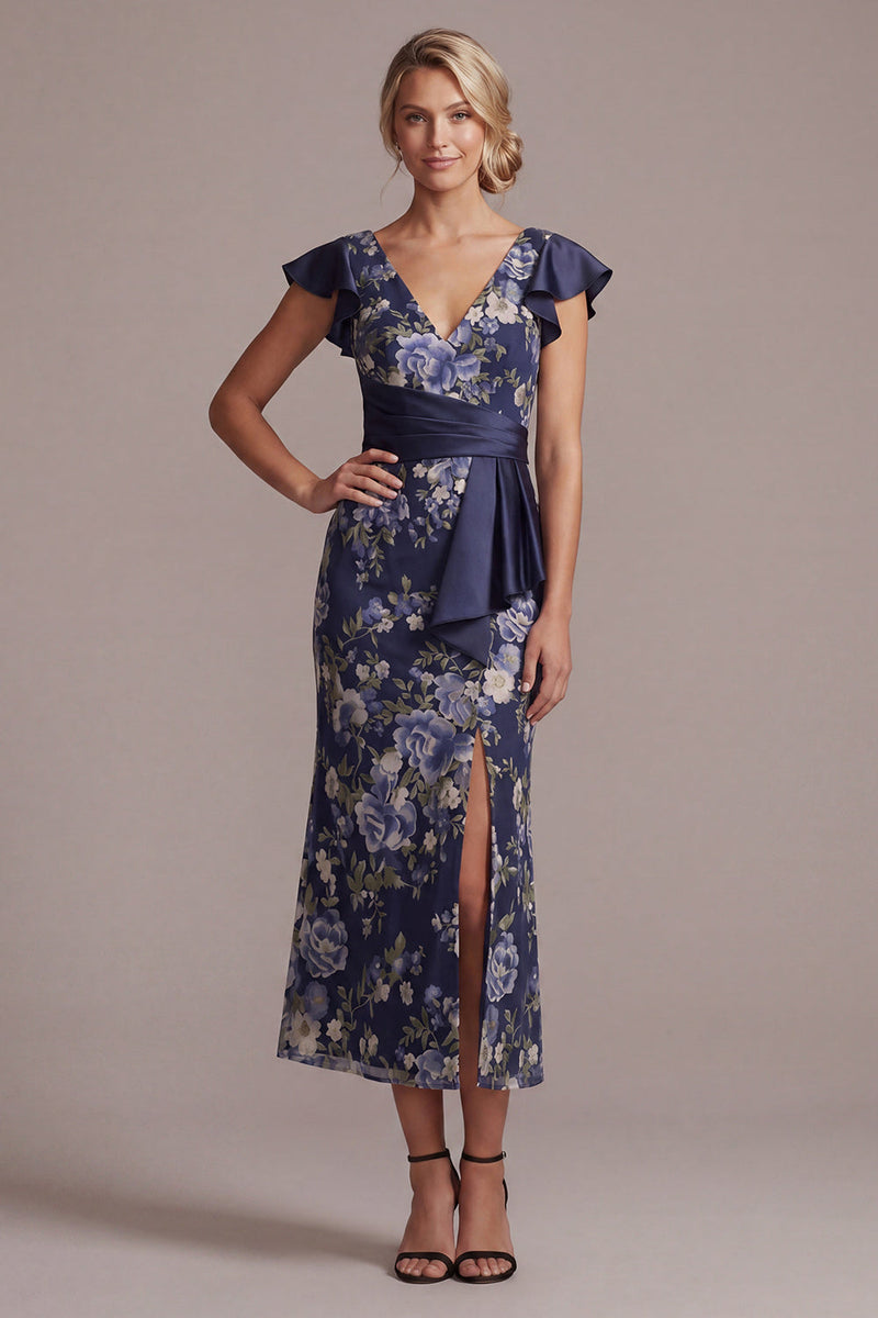 Load image into Gallery viewer, Mermaid V-Neck Floral Ruffled Navy Long Mother of the Bride Dress with Sash