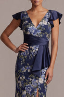 Load image into Gallery viewer, Mermaid V-Neck Floral Ruffled Navy Long Mother of the Bride Dress with Sash