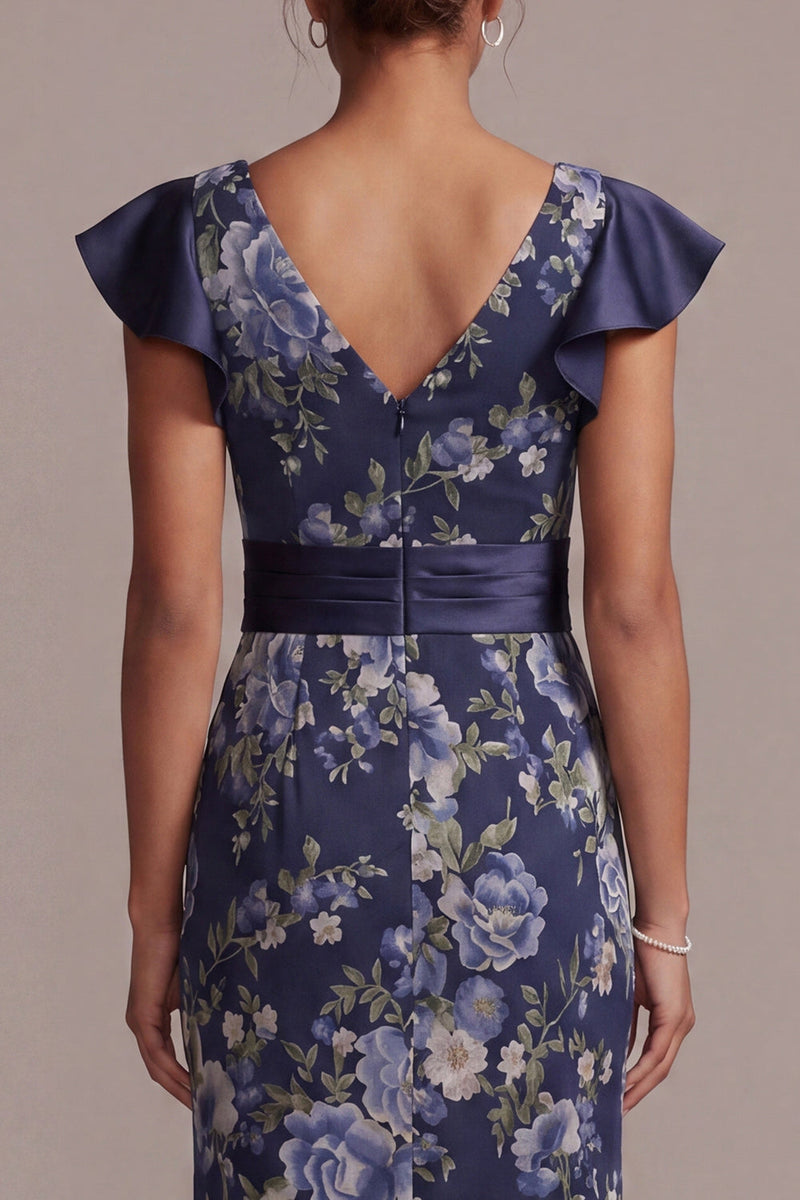 Load image into Gallery viewer, Mermaid V-Neck Floral Ruffled Navy Long Mother of the Bride Dress with Sash