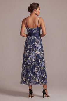 A Line Floral Spaghetti Straps Navy Long Mother of the Bride Dress with Sash