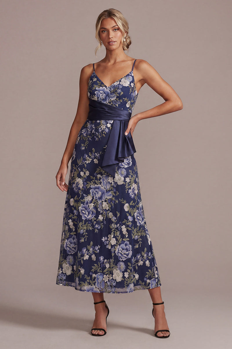Load image into Gallery viewer, A Line Floral Spaghetti Straps Navy Long Mother of the Bride Dress with Sash