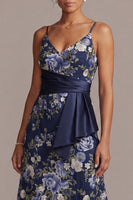 Load image into Gallery viewer, A Line Floral Spaghetti Straps Navy Long Mother of the Bride Dress with Sash