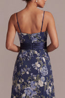 Load image into Gallery viewer, A Line Floral Spaghetti Straps Navy Long Mother of the Bride Dress with Sash