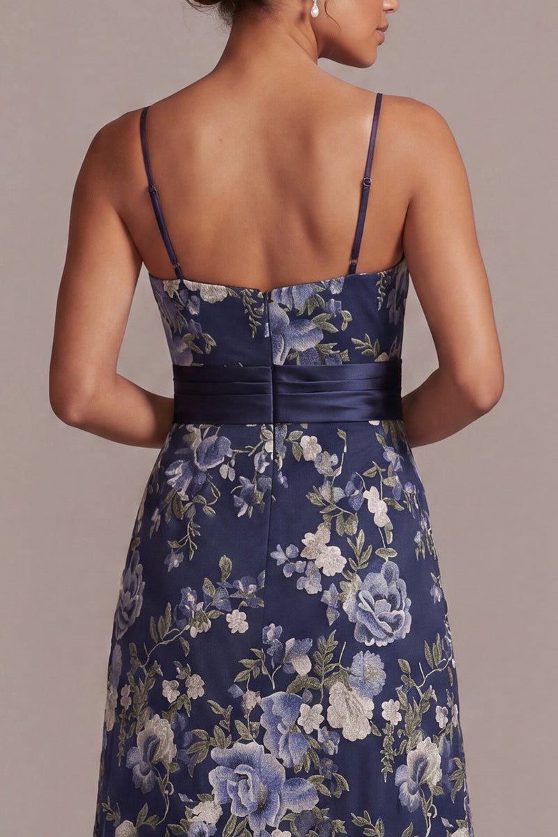 Load image into Gallery viewer, A Line Floral Spaghetti Straps Navy Long Mother of the Bride Dress with Sash