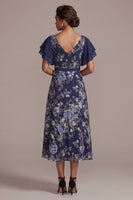 Load image into Gallery viewer, V-Neck A Line Navy Floral Long Mother of the Bride Dress with Slit