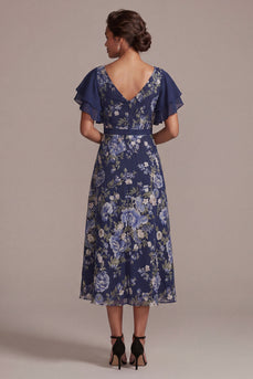 V-Neck A Line Navy Floral Long Mother of the Bride Dress with Slit