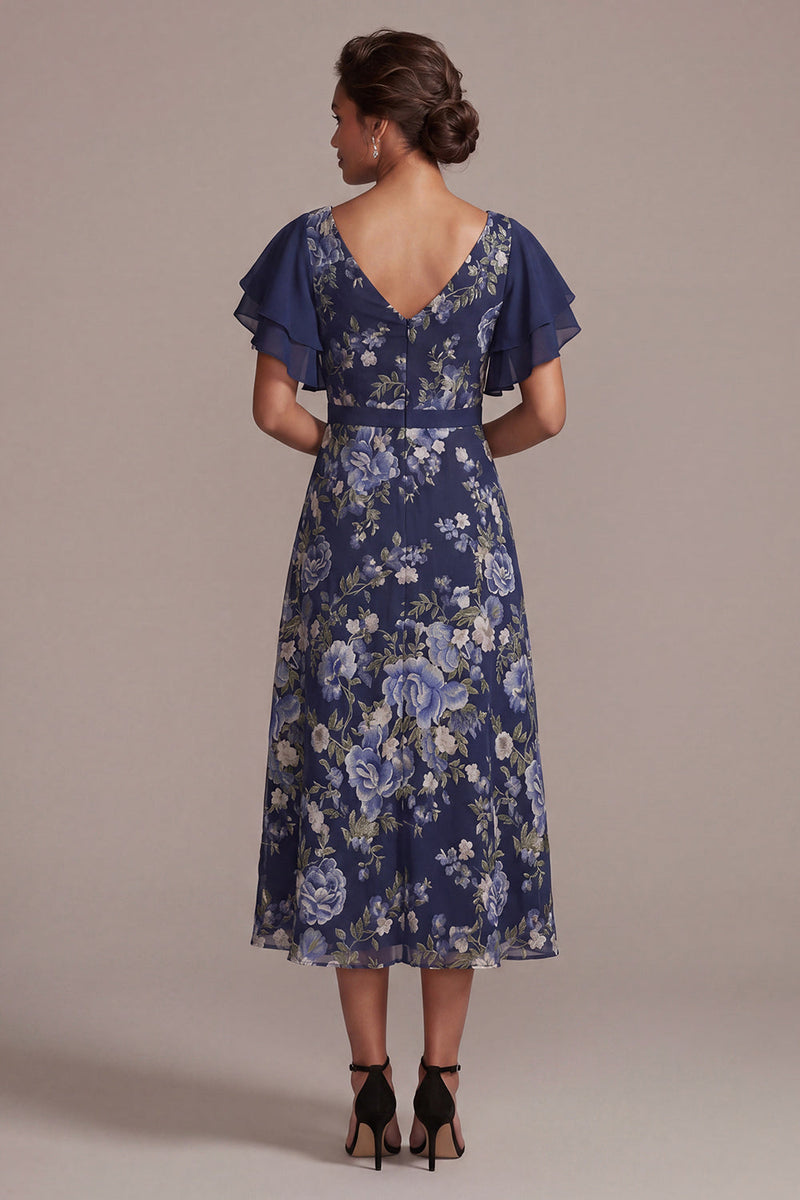 Load image into Gallery viewer, V-Neck A Line Navy Floral Long Mother of the Bride Dress with Slit