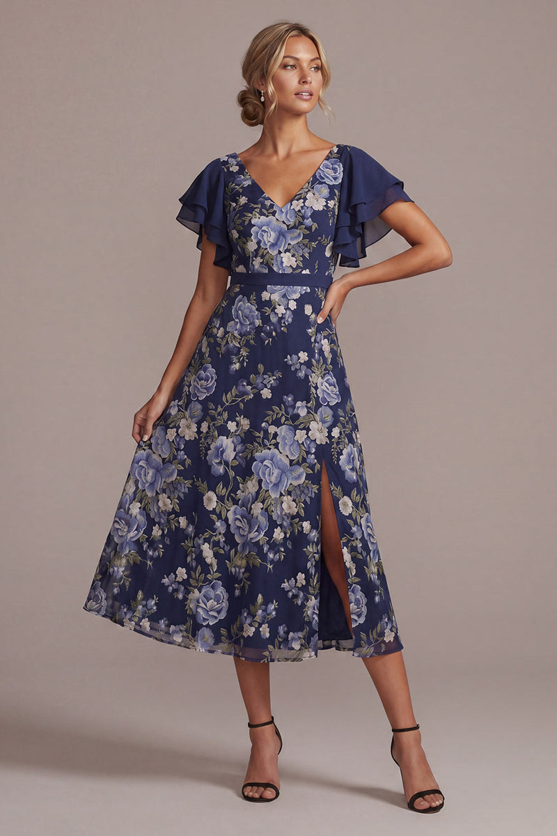 Load image into Gallery viewer, V-Neck A Line Navy Floral Long Mother of the Bride Dress with Slit