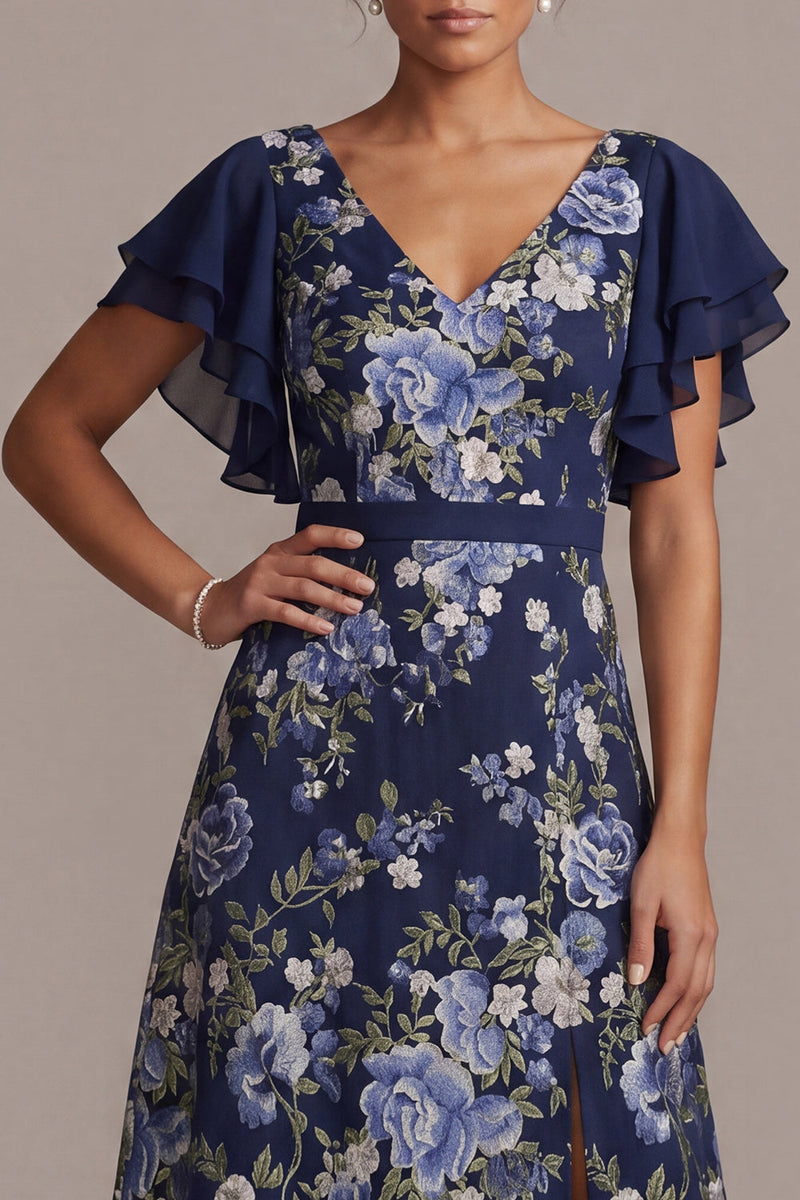 Load image into Gallery viewer, V-Neck A Line Navy Floral Long Mother of the Bride Dress with Slit