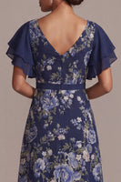 Load image into Gallery viewer, V-Neck A Line Navy Floral Long Mother of the Bride Dress with Slit