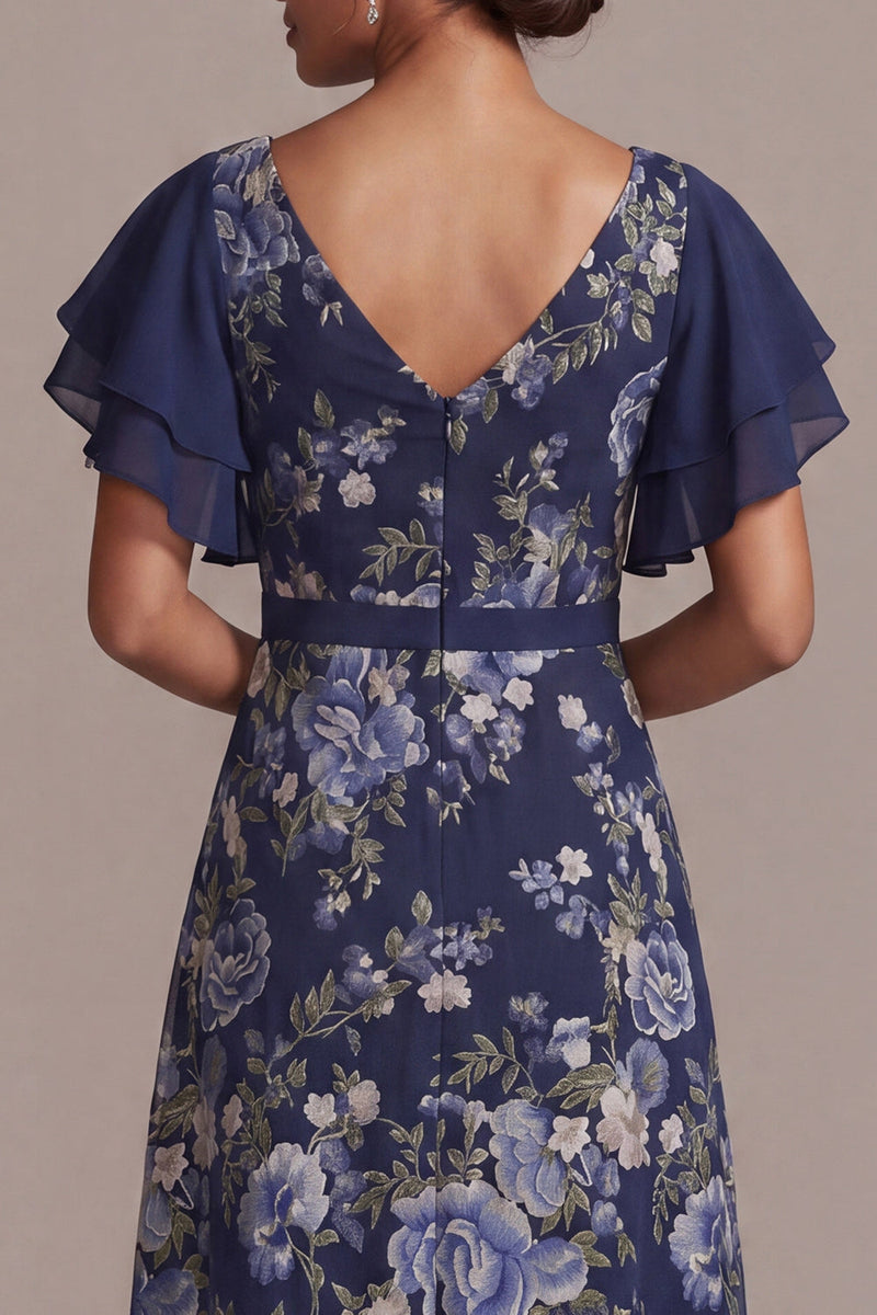 Load image into Gallery viewer, V-Neck A Line Navy Floral Long Mother of the Bride Dress with Slit
