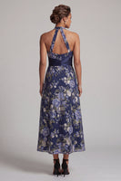 Load image into Gallery viewer, Halter Ruched Navy A Line Floral Long Mother of the Bride Dress with Sash