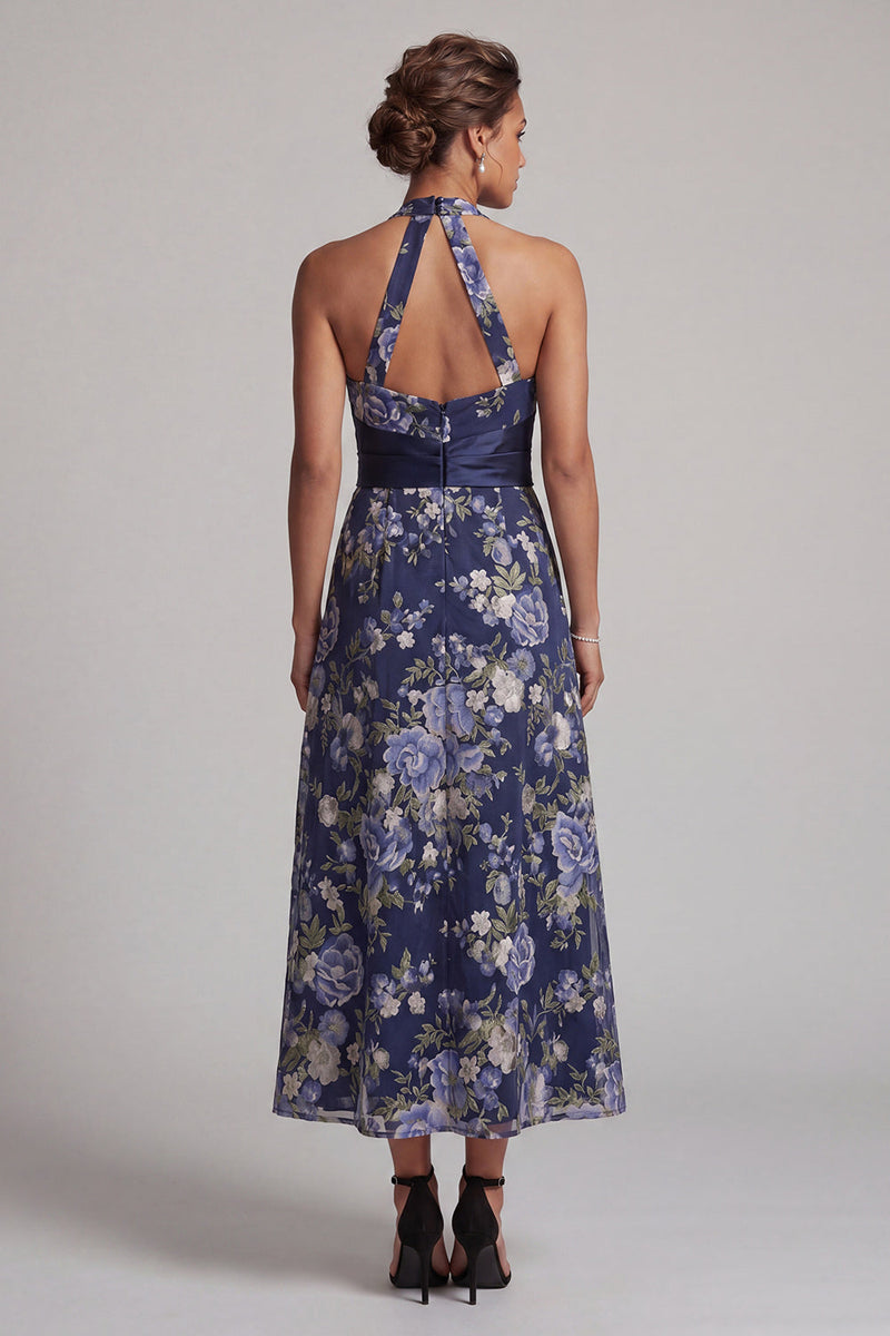 Load image into Gallery viewer, Halter Ruched Navy A Line Floral Long Mother of the Bride Dress with Sash