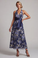 Load image into Gallery viewer, Halter Ruched Navy A Line Floral Long Mother of the Bride Dress with Sash
