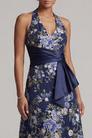 Load image into Gallery viewer, Halter Ruched Navy A Line Floral Long Mother of the Bride Dress with Sash