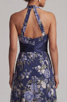 Load image into Gallery viewer, Halter Ruched Navy A Line Floral Long Mother of the Bride Dress with Sash