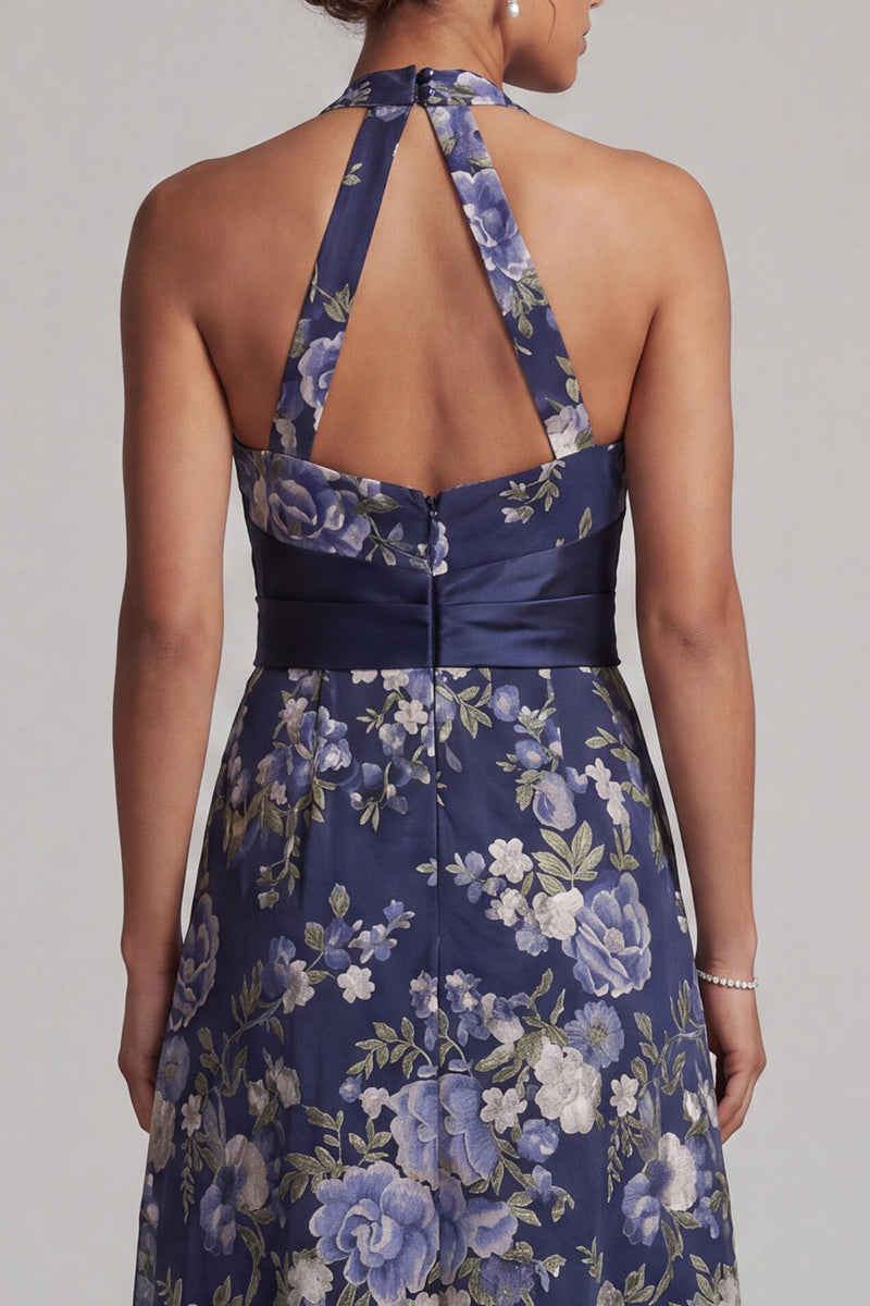 Load image into Gallery viewer, Halter Ruched Navy A Line Floral Long Mother of the Bride Dress with Sash