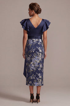 Ruffled Sheath V-Neck Floral Navy Long Mother of the Bride Dress with Slit